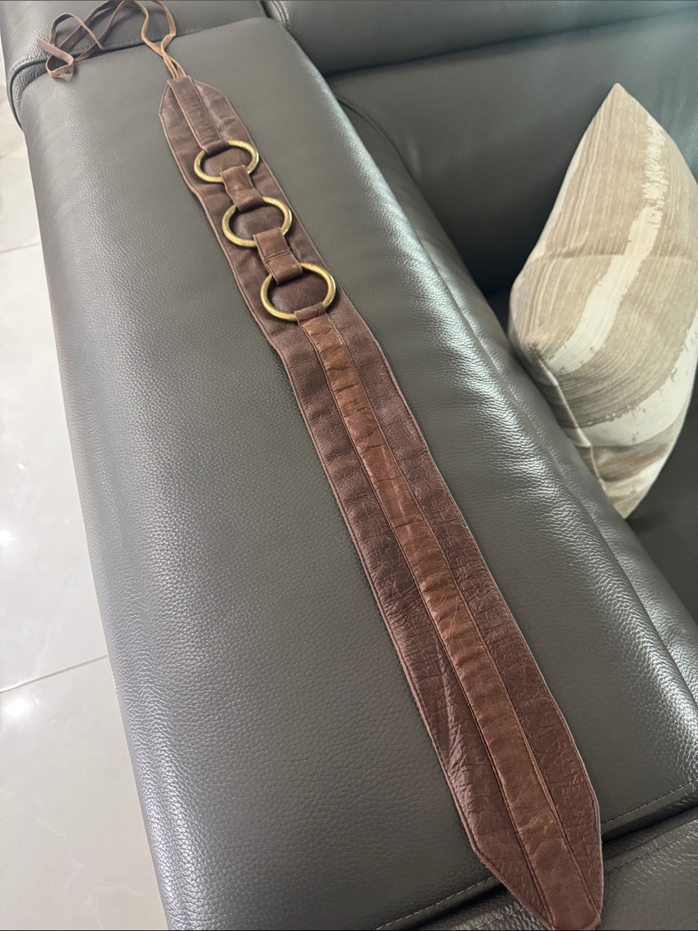 JJ Winters Brown Leather Wide Waist Belt with Brass Rings